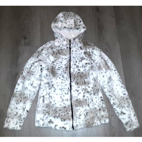 New Balance Faux Fur Plush Leopard Print Zip Up Hoodie Jacket Hooded Coat SMALL - Picture 1 of 8